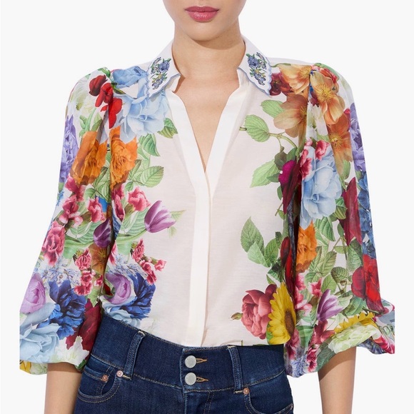 Alice + Olivia Tops - Alice + Olivia Multicolor Floral Blouse with White Collar